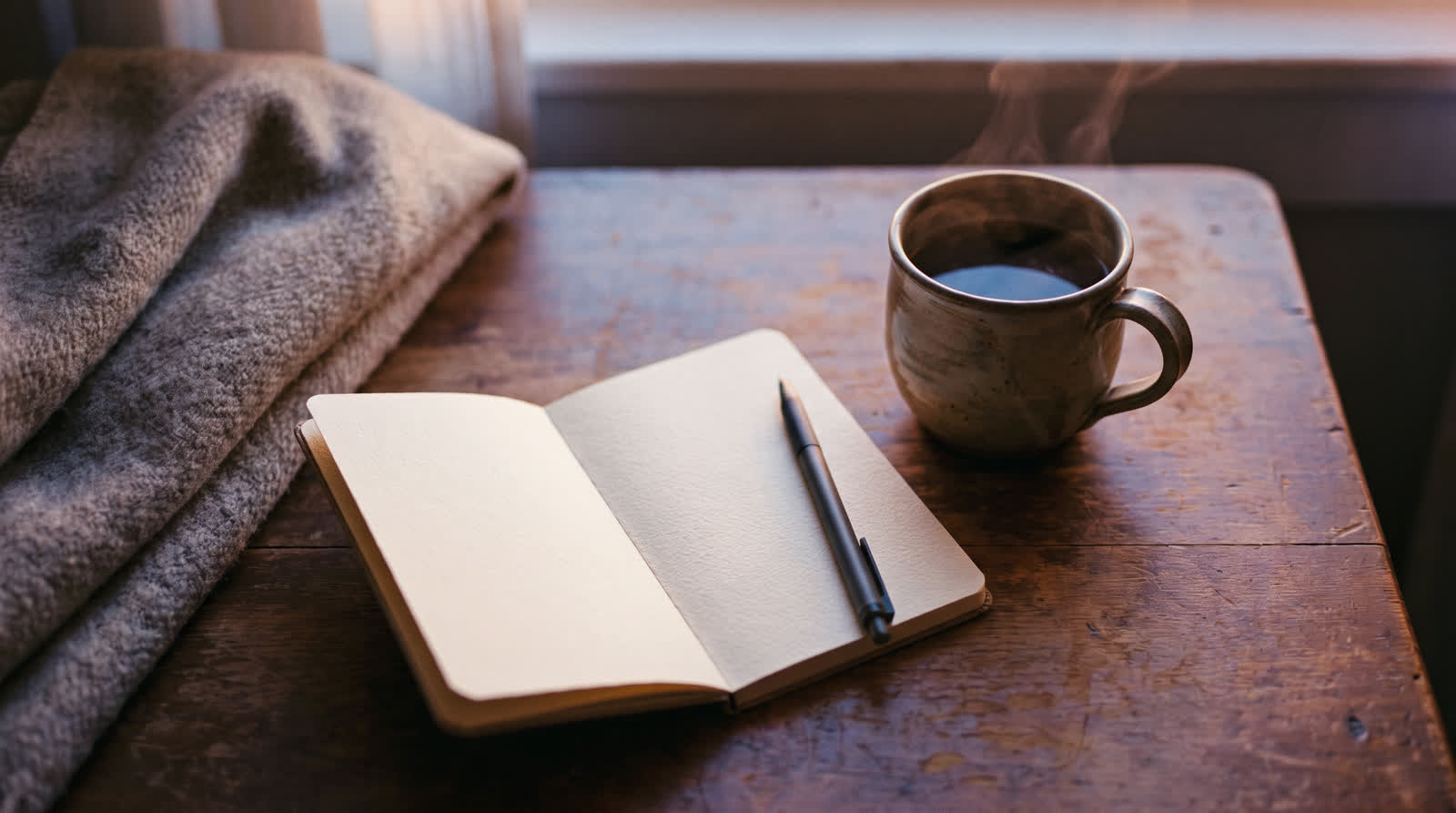 An open journal and pen beside a warm mug on a wooden table