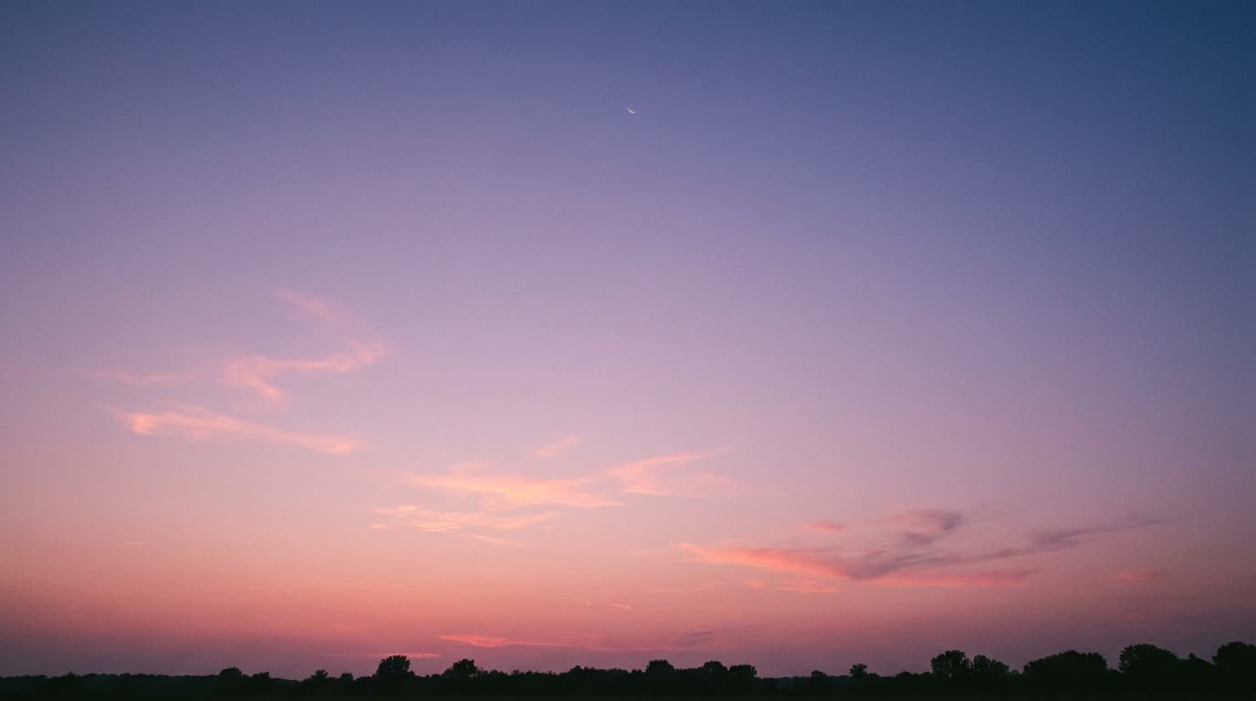 A twilight sky fading from pink to deep indigo, with a faint crescent moon